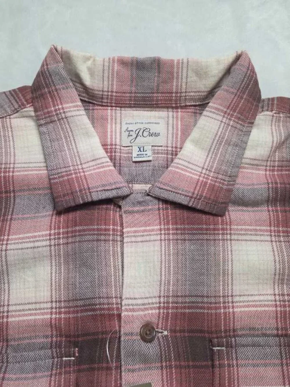 New XL J.Crew cotton hemp blend twill camp collar plaid shirt Sage Pink Brown